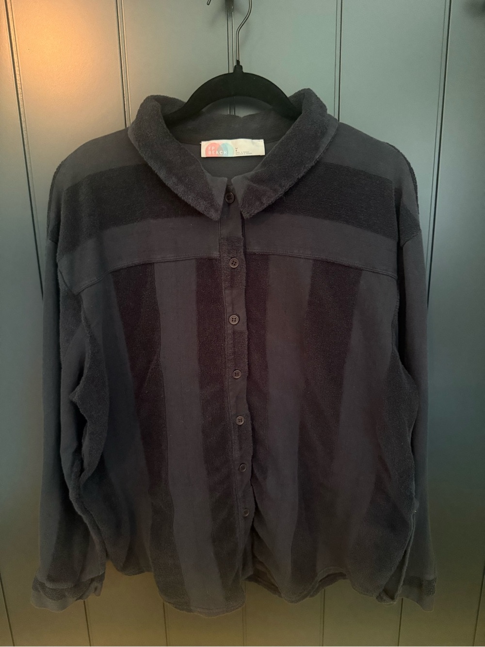 🌊 FP Beach Terry Textured Stripe Black Button-Up Shirt Jacket Shacket